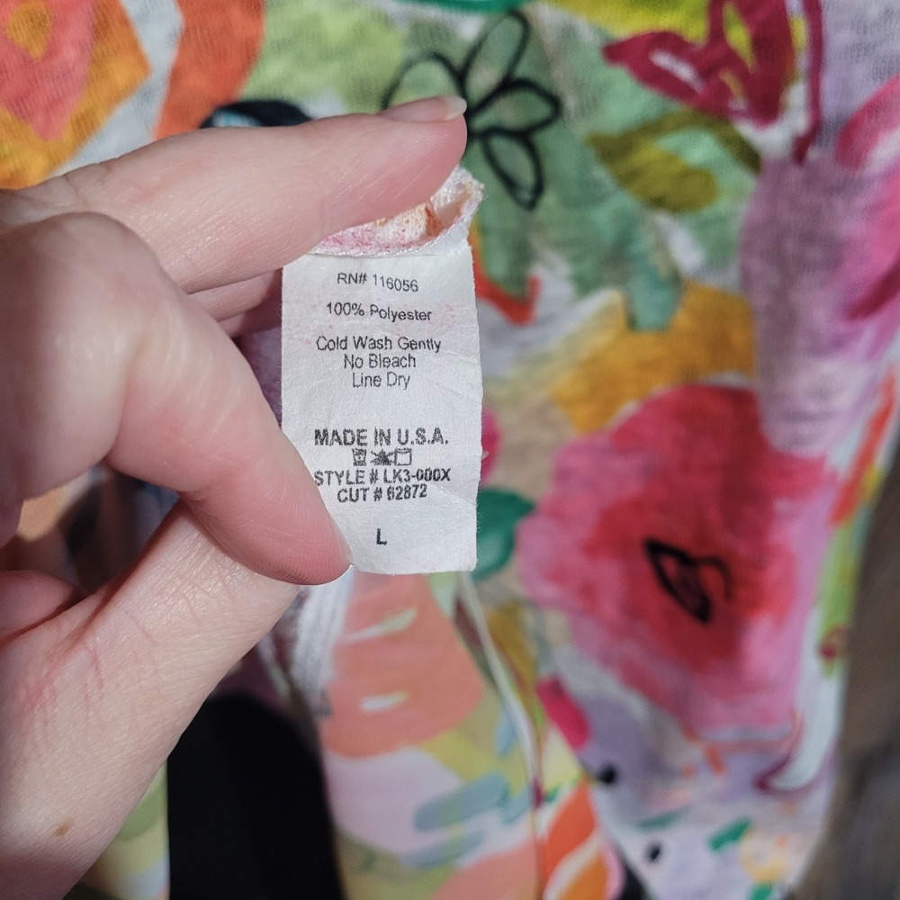 Jess & Jane Sangria Light Knit Top Chiffon Asymmetric Contrast L Vibrant Floral - Picture 11 of 12